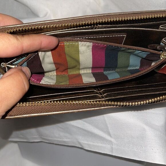 Coach Signature Brown Accordion Wallet with Satin Stripes in the interior - Picture 14 of 16